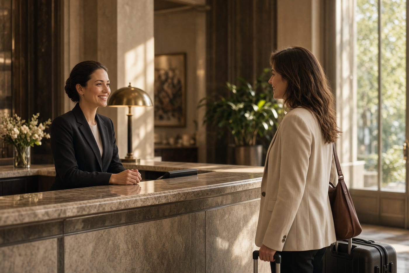 A hotel host welcoming a guest in the lobby. Temporary photograph. Not a client, testimonial, or case result.