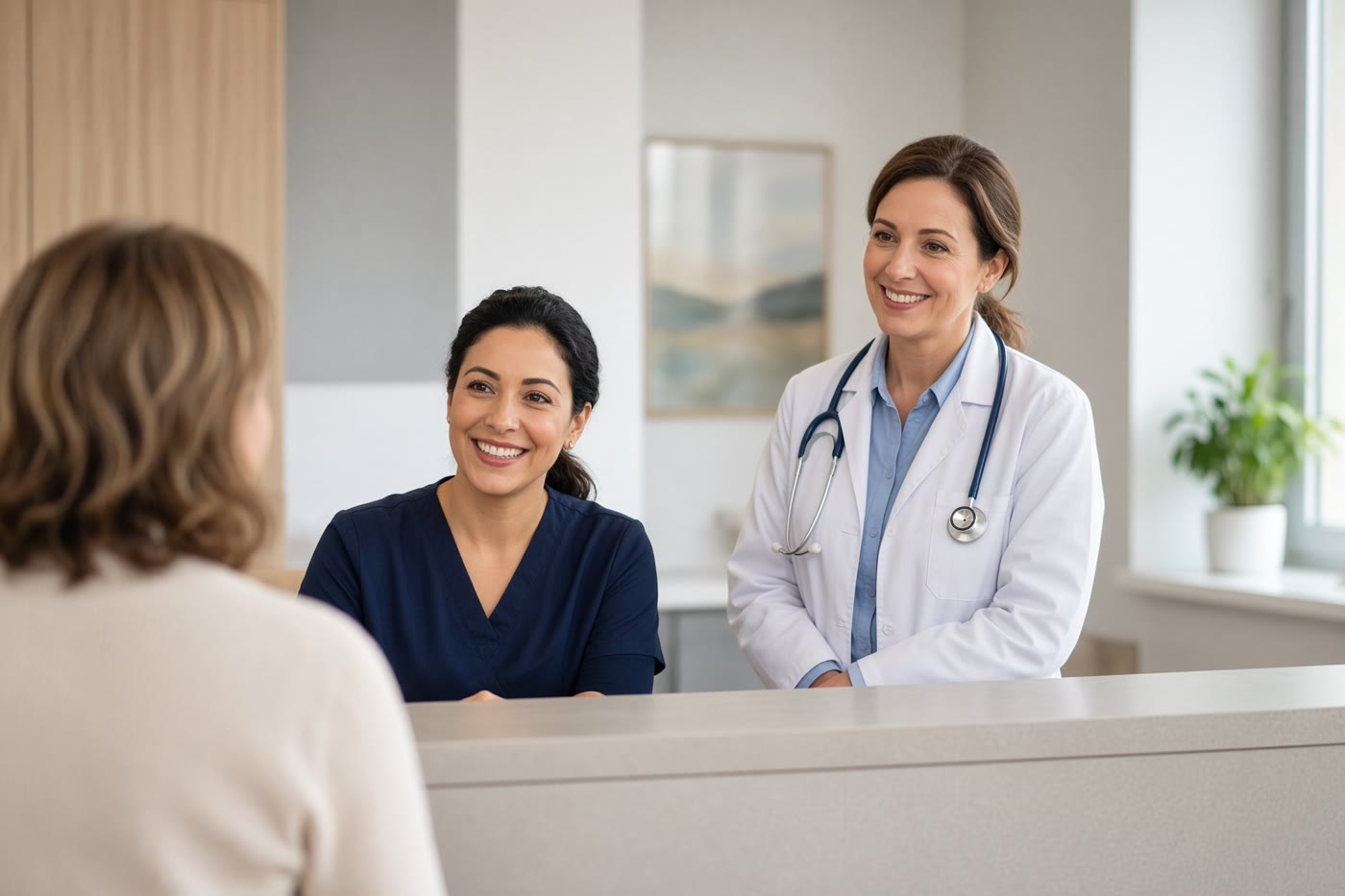 Clinic staff greeting a patient at reception. Temporary photograph. Not a client, testimonial, or case result.