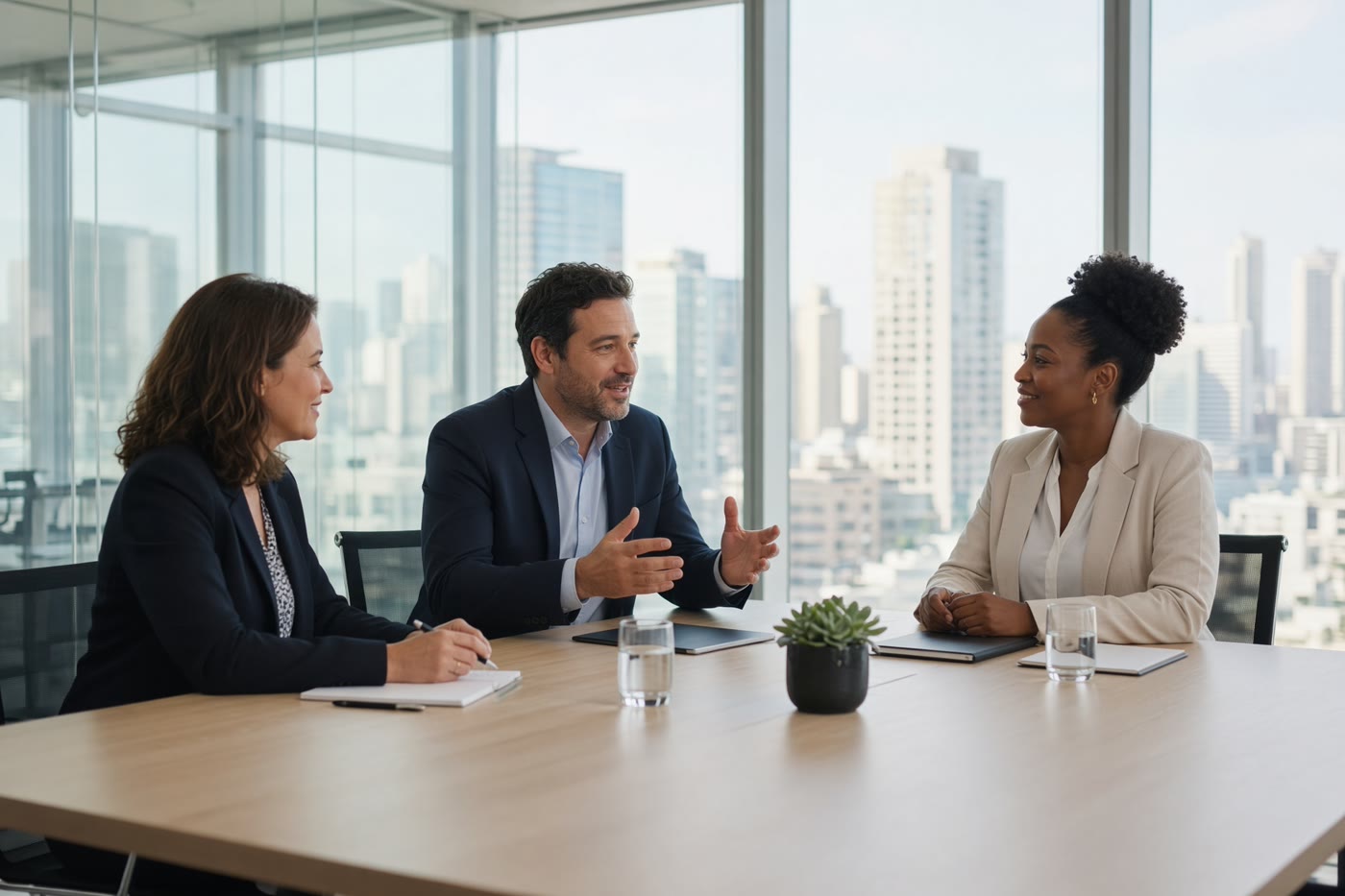 Three people talk in a bright conference room. Temporary photograph. Not a client, testimonial, or case result.