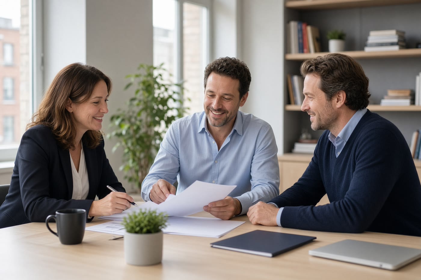 Advisors and a client talking at a bright desk. Temporary photograph. Not a client, testimonial, or case result.