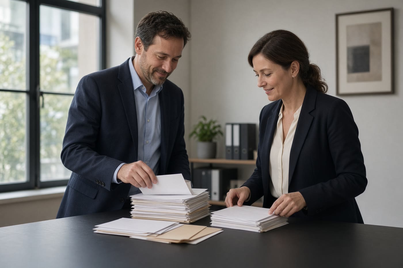 Two colleagues sort a stack of folders at a dark desk. Temporary photograph. Not a client, testimonial, or case result.