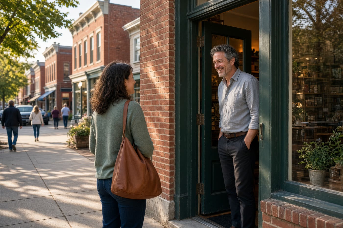 A shopkeeper talking with a customer on a main street. Temporary photograph. Not a client, testimonial, or case result.