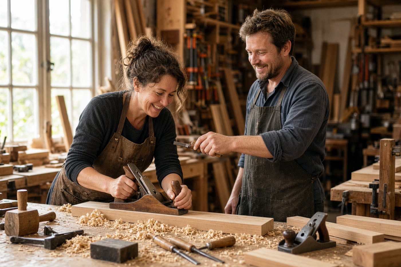 Two tradespeople working with lumber in a workshop. Temporary photograph. Not a client, testimonial, or case result.