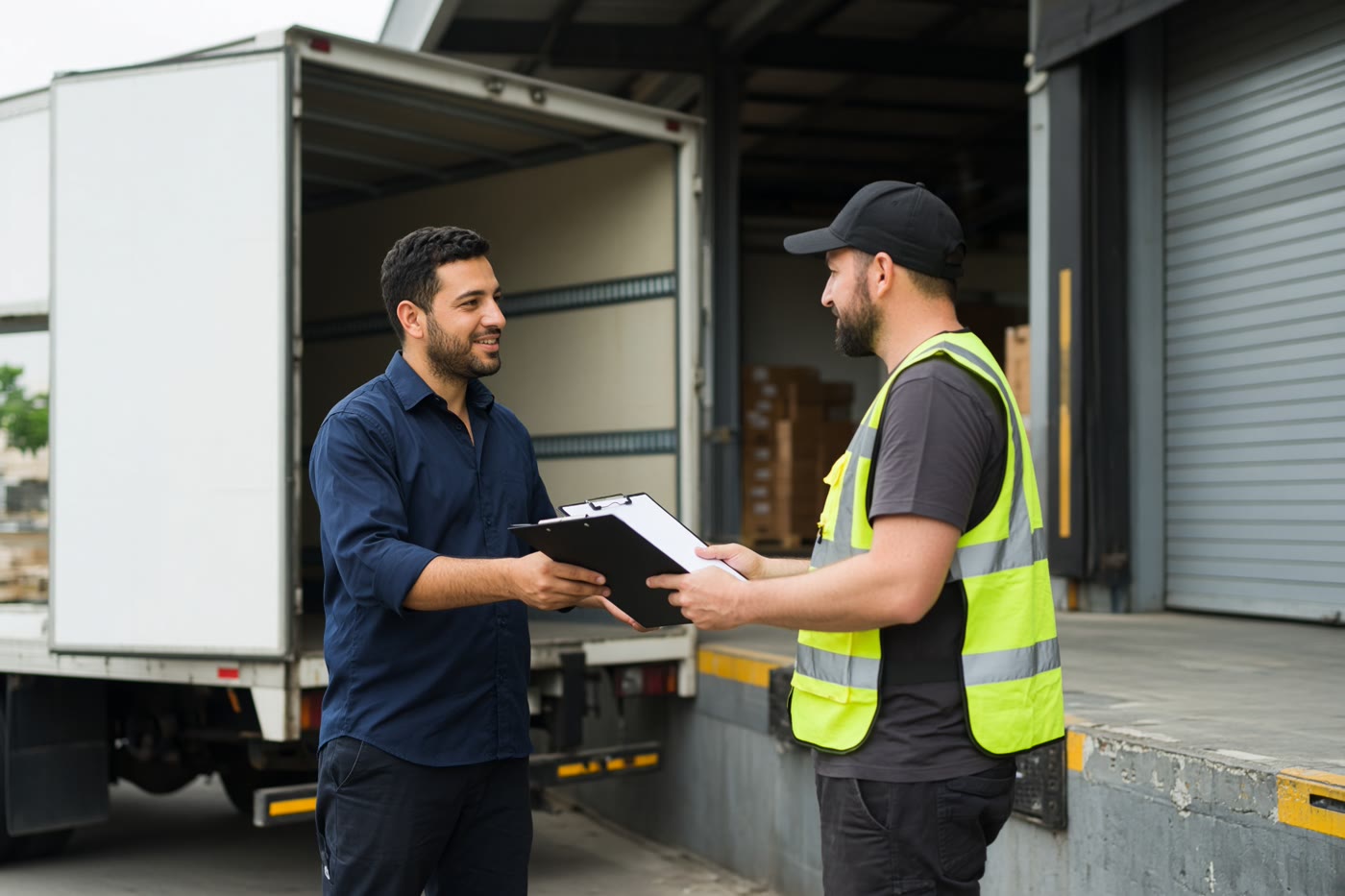 A driver and a coworker beside a box truck at a loading dock. Temporary photograph. Not a client, testimonial, or case result.